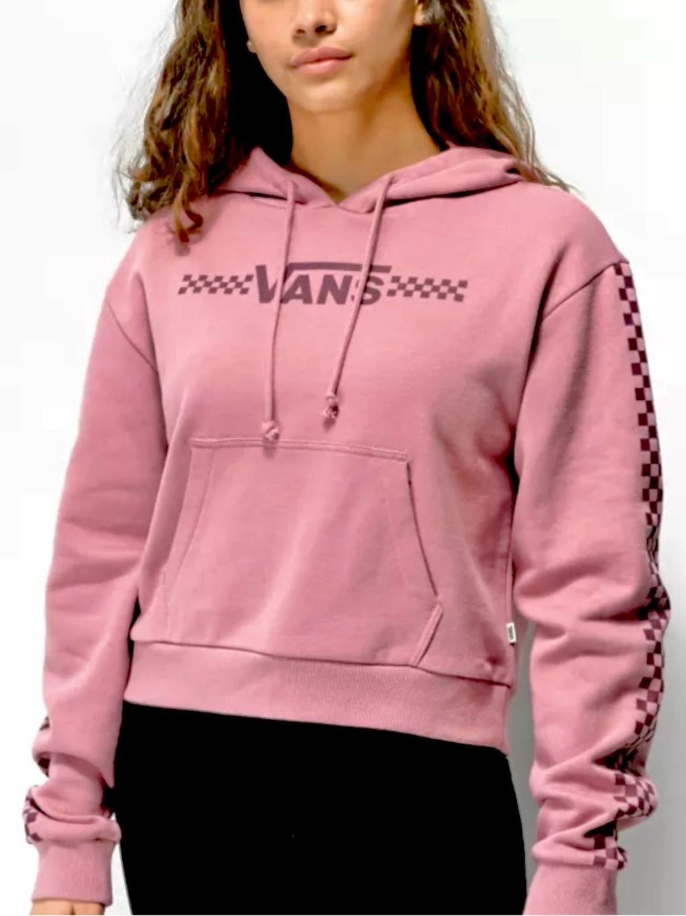 Vans Dusty Rose Pink Cropped Checkerboard Logo Hooded Sweatshirt